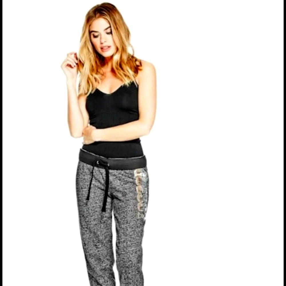 GUESS Jaro Sequined Logo Joggers  Charcoal Black W/ Sequin Logo MED BNWT $98